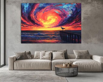 Ocean Sunset Art,Seascape Painting,Beach Wall Art,Waves and Sky Canvas Print