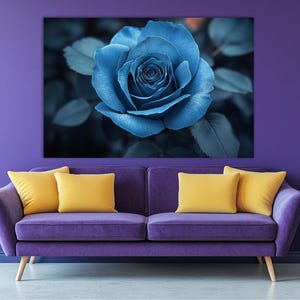 Impresión en lienzo de rosa azul, pintura de rosa azul, decoración de sala de estar, arte de pared romántico