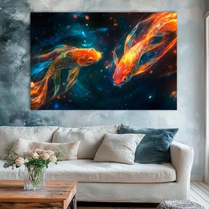 Arte mural de pez koi dorado: Océano cósmico de fantasía, estilo acuarela brillante, decoración zen para el hogar