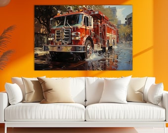 Vibrant Red Fire Engine Canvas Print, Kids Room Wall Art