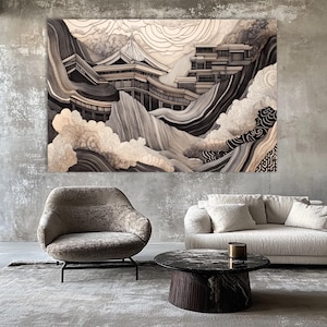 Japanese Architecture Art,Zen Temple Wall Print,Textured Engraving Art,Wall Decor,Japan Canvas Print