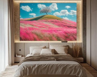 Pink Field Landscape Canvas Print: Colorful Nature Art