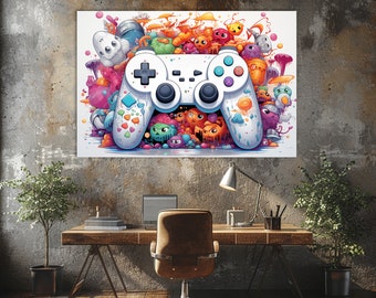 Colorful Video Game Controller Canvas Art, Gaming Room Decor