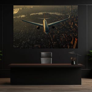 Muurkunst vliegtuig, canvasafdruk vliegtuig boven stad, skyline muurkunst, cadeau piloot