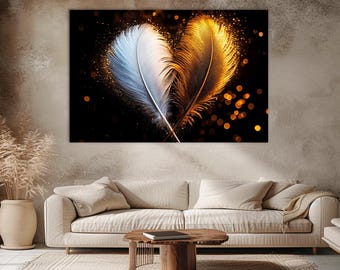 White and Gold Feathers Canvas Print: Boho Chic Minimalist Wall Art
