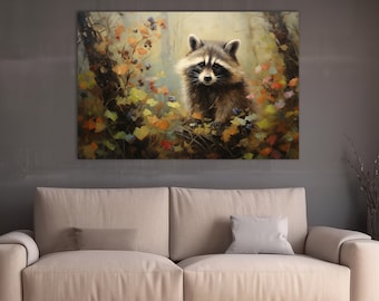 Raccoon Portrait Canvas Print: Whimsical Woodland Wall Art