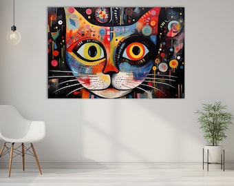 Abstract Cat Canvas Print: Colorful Kitty Painting, Living Room Decor