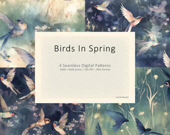 4 Seamless Birds in Spring Patterns