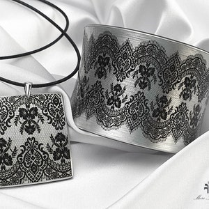 Black Lace Cuff Bracelet + FREE Gift Necklace, Special Gift For Her, Sexy Black Jewelry, Lace Pattern Arm Cuff, Statement Sylver Bangle