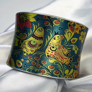 Russian Khokhloma Handmade Cuff Bracelet, Baroque Art Jewelry, Khokhloma Gifts, Russian Ethnic Jewelry, Floral Birds cuff, Floral Women Gift