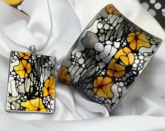 Handmade Cuff Bracelet + FREE Gift Necklace, Gift For Her, Women Art Jewellery, Designer Bangles, Abstract Graphics, Yellow Black Print Gift