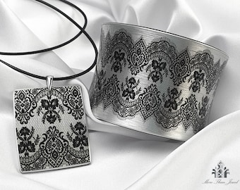 Black Lace Cuff Bracelet + FREE Gift Necklace, Special Gift For Her, Sexy Black Jewelry, Lace Pattern Arm Cuff, Statement Sylver Bangle
