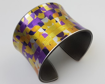 Abstract Handmade Cuff Bracelet with Purple Yellow Squares , Gift For Her, Abstract Jewelry, Colored Aluminum Bracelet, Women Cuff Bangle