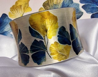 Gold Blue Ginkgo Leaves Cuff Bracelet, Unusual Gift For Her, Ginkgo Biloba Women Jewelry, Ginkgo Leaf Arm Cuff, Floral Art Jewelry