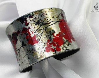 estampado floral rojo brazalete de diseñador joyería de arte para mujeres Pulsera de manguito hecha a mano "GEISHA" regalo para ella estilo japonés cerezo japonés Joyería Pulseras Pulseras muñequeras 