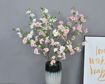Artificial Cherry Blossom Long Branch with Leaves, Faux Sakura Flowers, Realistic Floral Stem, Decorative Cherry Branch, Home Greenery Decor