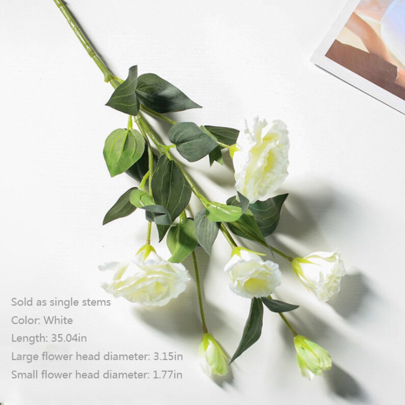 Artificial Lisianthus Stem Quality Eustoma Flower with Leaf Home Floral Decor Wedding Party Greenery Arrangement Material Table Centerpiece White