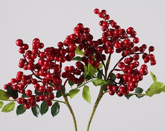 Fake Berry Branch with Leaves, Small Rustic Wild Fruits, Holly Fruit Stems, Artificial Flower Crafts, Home Floral Decor, Wedding Arrangement