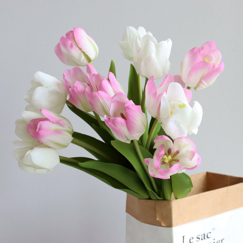 May include: A bouquet of pink and white tulips in a brown paper bag with the text "Le sac" printed on the bag.