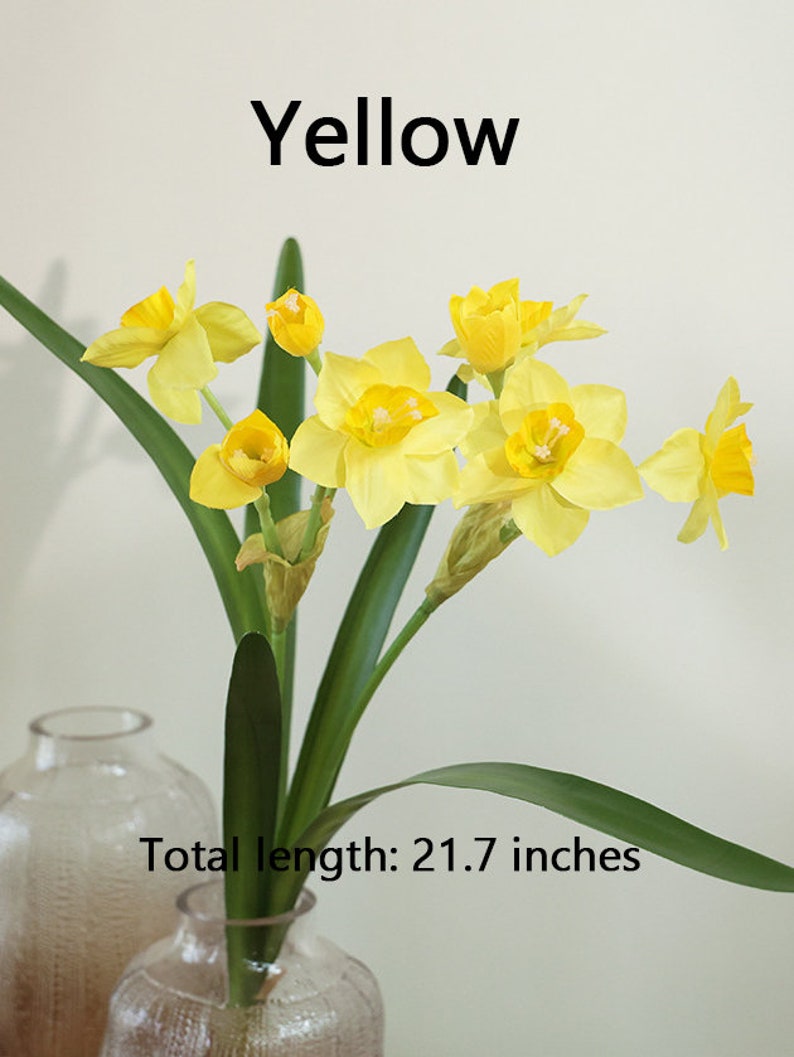 Daffodil Flower Stem with Leaves, Silk Narcissus Plant, Artificial Flower Craft, Home Floral Decor, Wedding Arrangement, Table Centerpiece Yellow