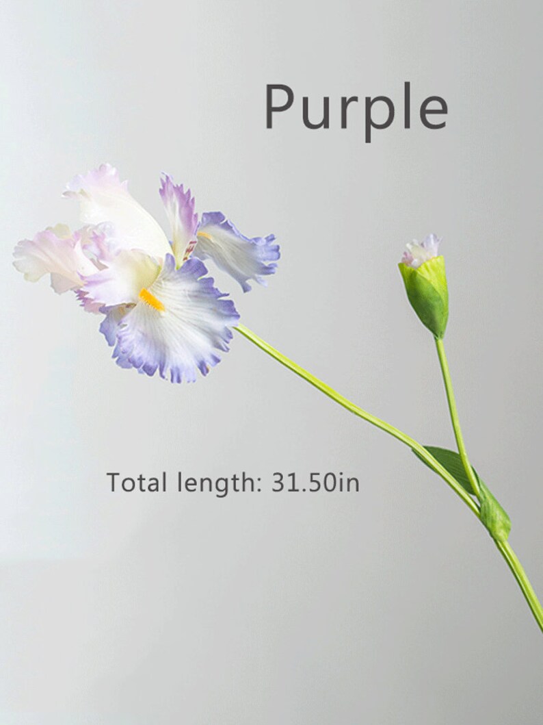 May include: Purple artificial iris flower with a white and purple flower head and a green stem. Total length: 31.50in.