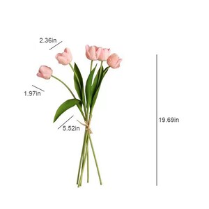May include: A bouquet of five pink artificial tulips with green stems and leaves. The bouquet is tied together with twine and measures 19.69 inches in height.