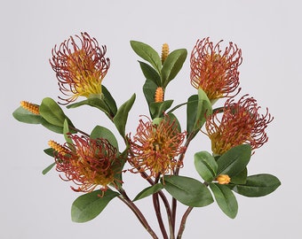 Artificial Pin Cushion Flower Stems, Fake Leucospermum Cordifolium, Faux Protea Flower, Tropical Bloom Craft, Home Floral Decor, for Bouquet