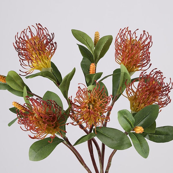 Artificial Pin Cushion Flower Stems, Fake Leucospermum Cordifolium, Faux Protea Flower, Tropical Bloom Craft, Home Floral Decor, for Bouquet