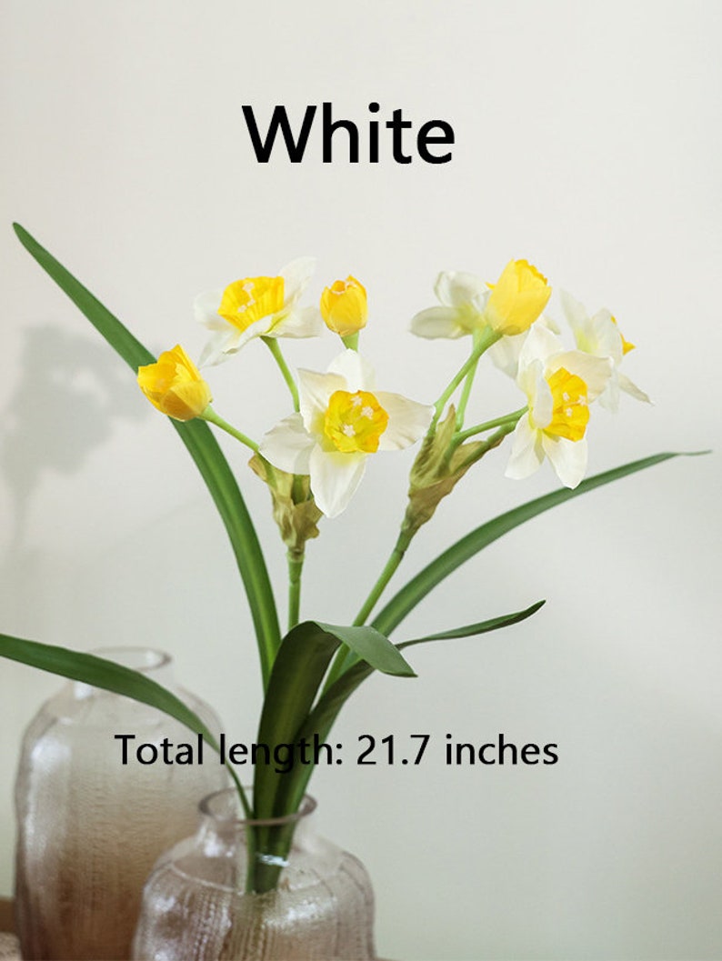 Daffodil Flower Stem with Leaves, Silk Narcissus Plant, Artificial Flower Craft, Home Floral Decor, Wedding Arrangement, Table Centerpiece White