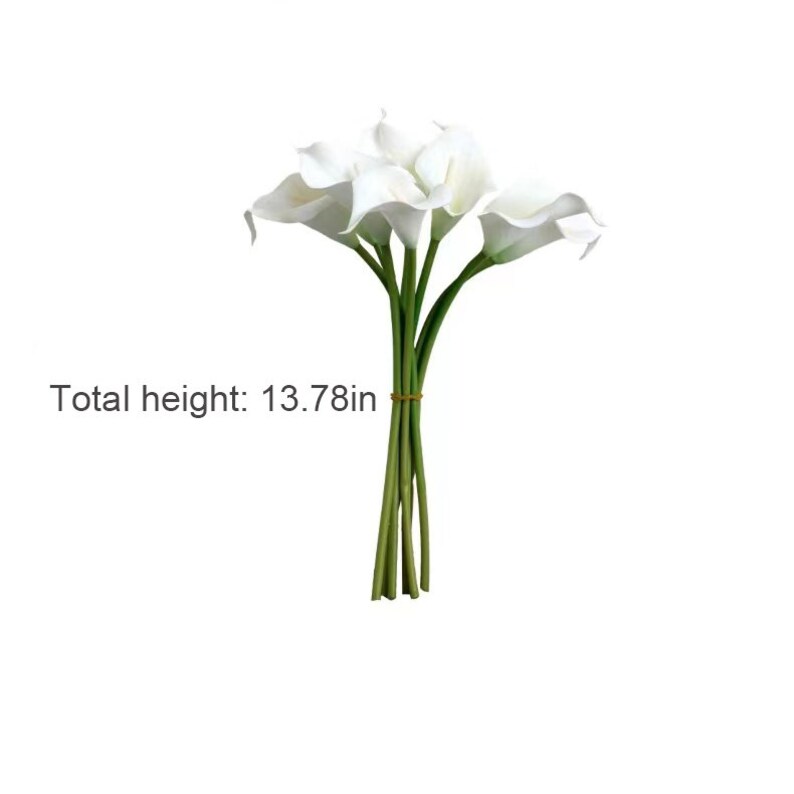 May include: A bouquet of 6 white artificial calla lilies with green stems. Total height: 13.78in.
