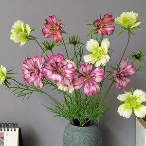 Fake Cosmos Flower with Stem Bud and Foliage, Artificial Galsang Flower Spray, Realistic Wildflower Craft, Home Floral Decor, Bouquet Filler