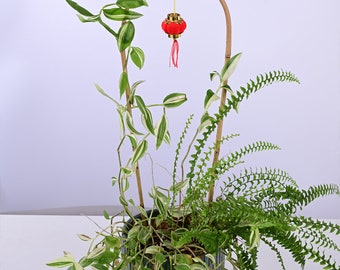 Natural Plant Climbing Bamboo Trellis with Lantern Simple Houseplant Arch Stand Handmade U-shaped Gardening Vine Support for Small Pot Tool