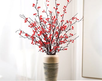 Artificial Red Berry Stem, Fake Holly Branch, Faux Twig with Small Fruit, Home Floral Decor, Party Table Centerpiece, Wedding Arrangement