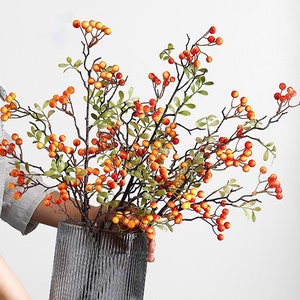 Fake Berry Branch with Leaves, Fall Rustic Fruit Craft, Artificial Flower, Home Floral Decor, Wedding Floral Arrangement, Table Centerpiece