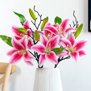 Artificial Lily Spray with Bud, Fake Flower Stem with Foliage, Home Floral Decor, Wedding Bouquet Arrangement, Plant Craft for Indoor Garden