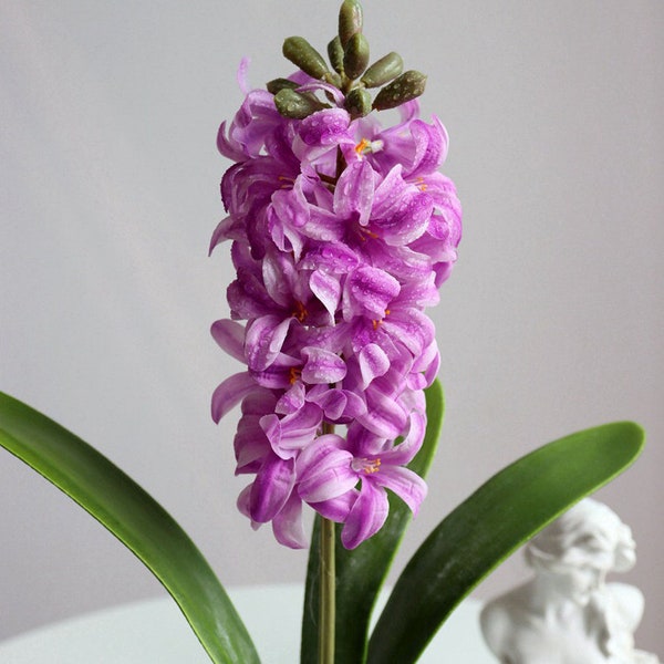 Quality Hyacinth Plant with Foliage, Artificial Flower Spray, Real Touch Petal, Realistic Greenery, Wedding Bouquet DIY, Window Floral Craft