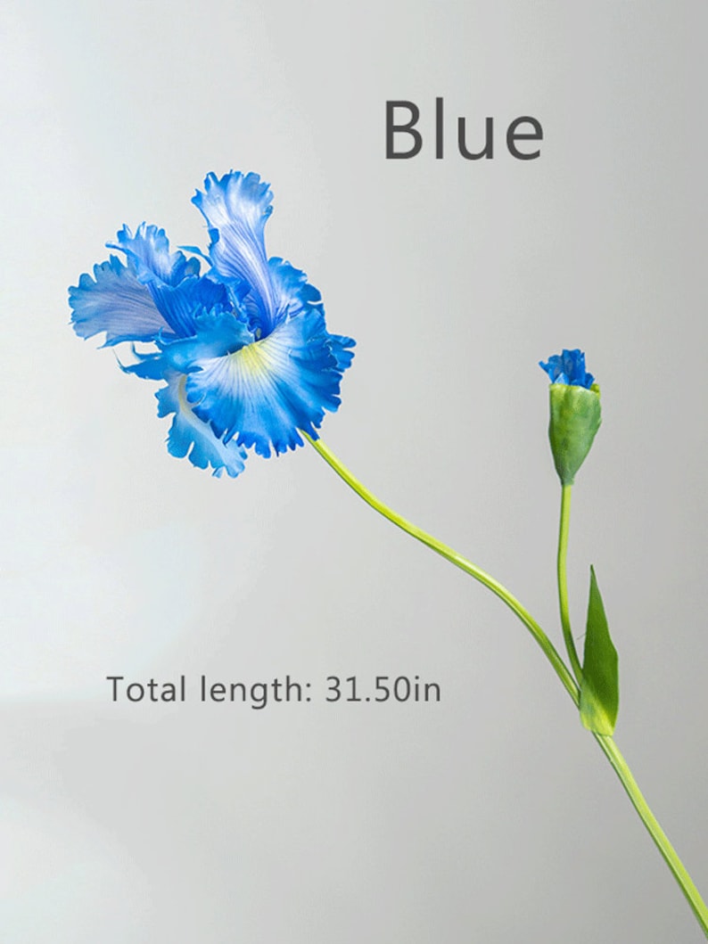 May include: A single blue artificial iris flower with a bud on a green stem. The flower is 31.50 inches long.  Blue.