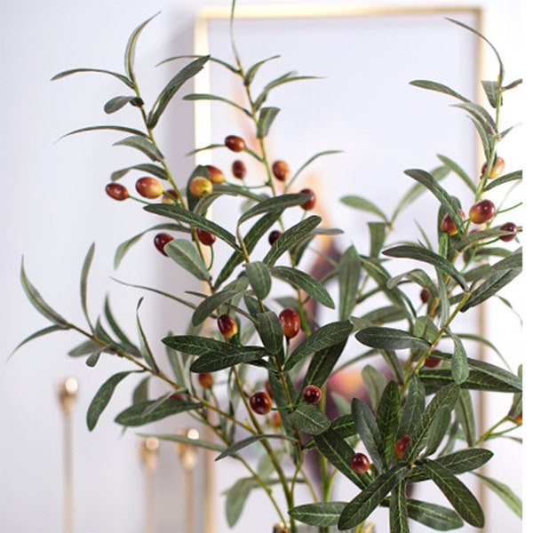 Artificial Olive Branch Fake Plant with Fruit Home Flower Decor Silk Foliage Stem Rustic Floral Green Plant Arrangement Party Centerpiece