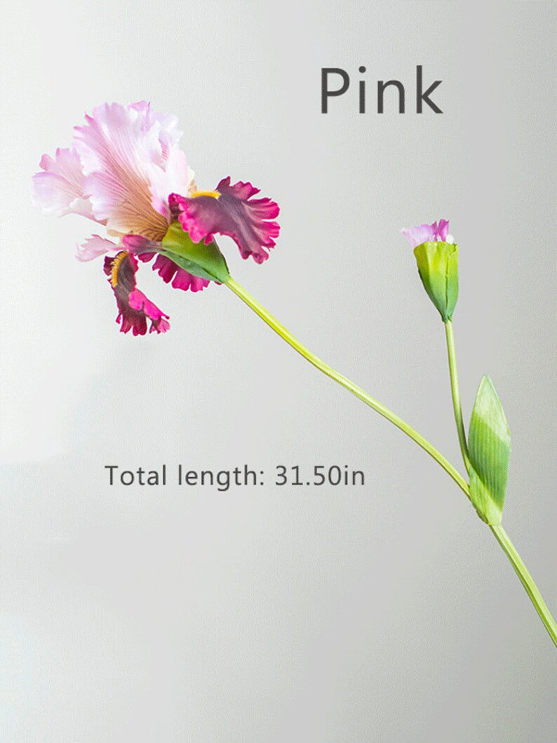 May include: A single pink and purple artificial iris flower with a green stem and leaves. The flower is 31.50 inches long.