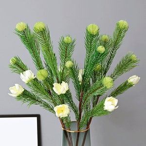 Artificial Fir Pine Branch with Flower and Bud, Realistic Princess Pine, Fake Araucaria Tree Twig, Home Floral Decor, Wedding Bouquet Filler