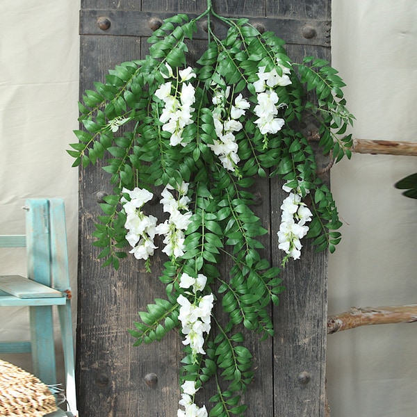 Glycine artificielle avec feuillage riche, vigne de fleur grimpante réaliste, fleur de lanterne suspendue au mur, fausse plante traînante, décor floral de porte