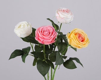 Real Touch Rose Spray con hojas, tallo de rosa individual, artesanías de flores artificiales, decoración floral del hogar, centros de mesa de arreglo de fiesta de bodas