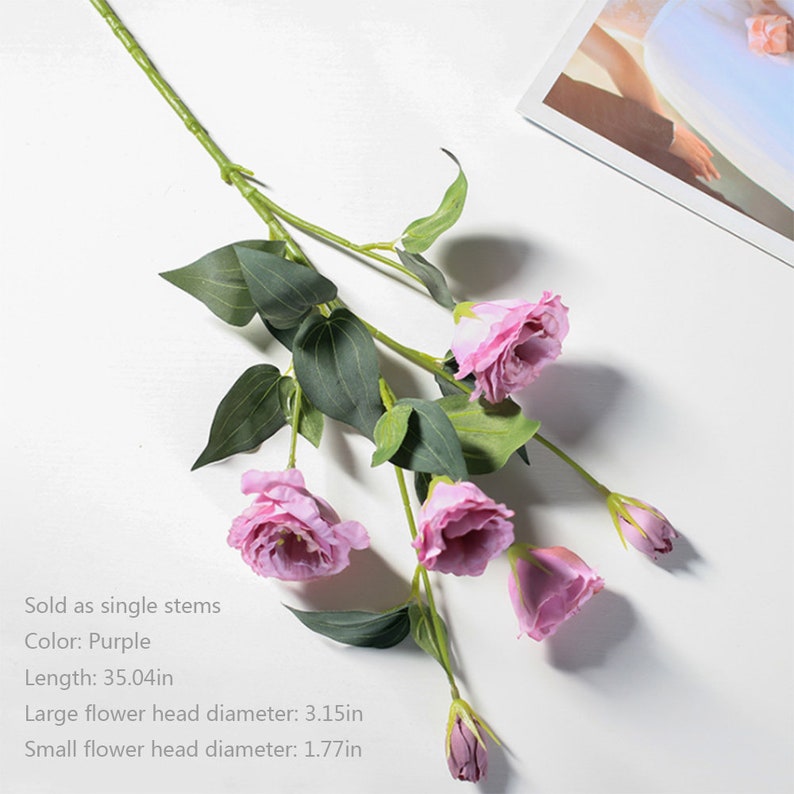 Artificial Lisianthus Stem Quality Eustoma Flower with Leaf Home Floral Decor Wedding Party Greenery Arrangement Material Table Centerpiece Purple