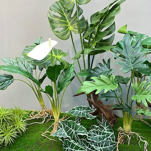 Artificial Monstera Plant with Root, Realistic Calathea with Fusion, Fake Philodendron Selloum, Indoor Lacy Tree Decor, Tropical Greenery