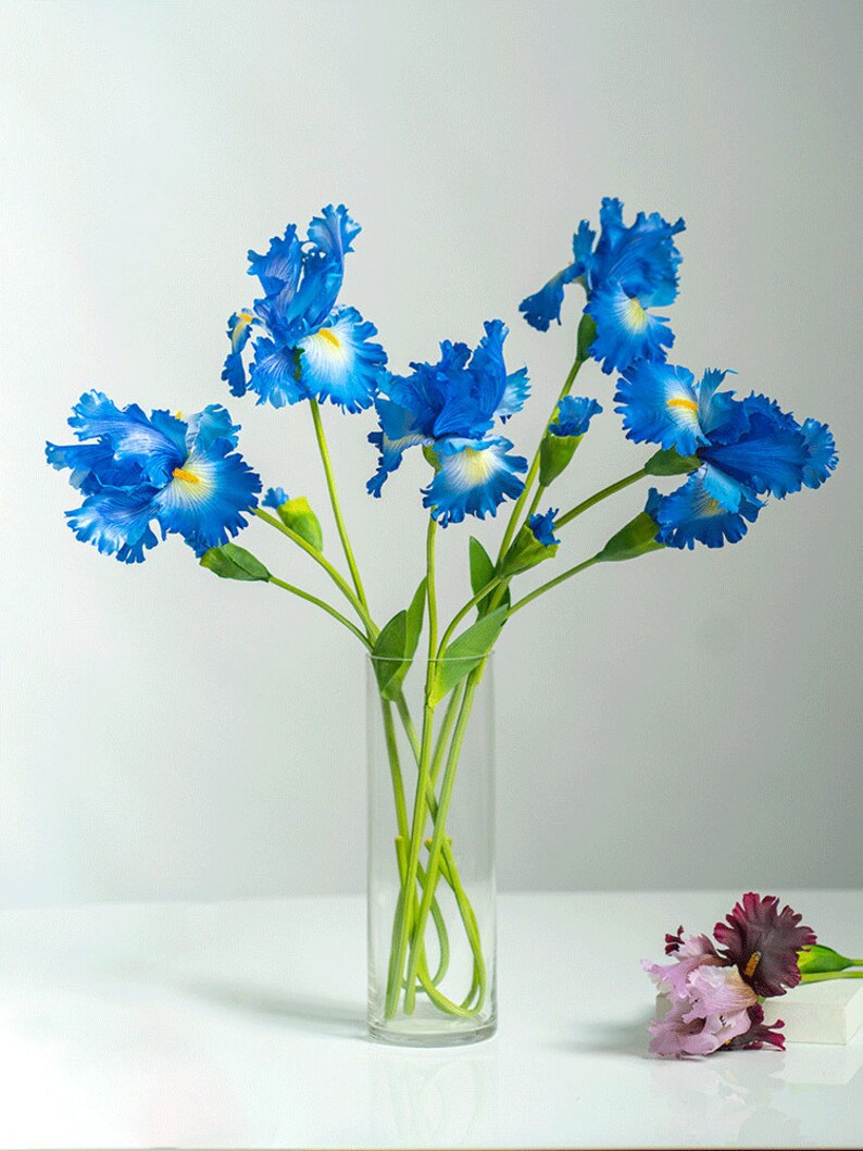 May include: A bouquet of blue irises with yellow centers in a clear glass vase. The flowers are arranged in a vase on a white surface.