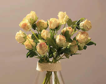 Spray de rosa artificial con follaje, artesanía de tallo de flor vintage, pétalo de aspecto seco, decoración floral del hogar, arreglo de fiesta de bodas, ramo falso
