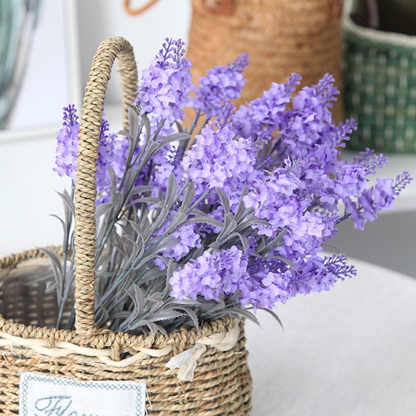 Lavande artificielle avec feuille, fausse tige de fleur séchée, décoration florale pour la maison, bouquet de fleurs sauvages de jardin rustique, arrangement de plante de fête de mariage