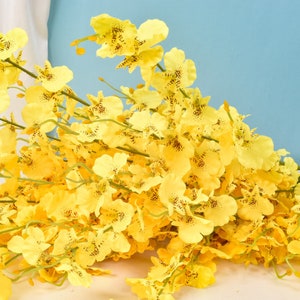 May include: A bunch of yellow artificial orchid flowers with brown spots. The flowers are arranged in a cascading style, creating a lush and vibrant display.