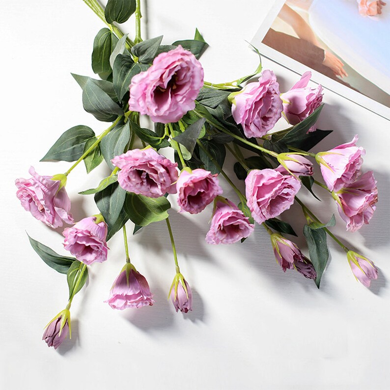 Artificial Lisianthus Stem Quality Eustoma Flower with Leaf Home Floral Decor Wedding Party Greenery Arrangement Material Table Centerpiece image 5