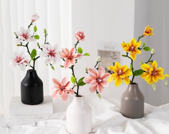 Rama de flor de magnolia con hojas, tallo de magnolia de tacto real, artesanía de flores artificiales, decoración floral del hogar, pieza central de arreglo de boda